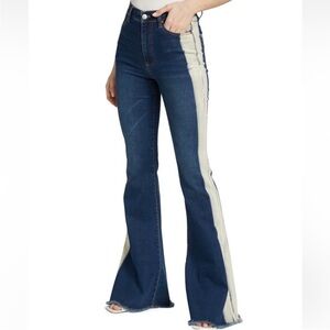 Alice + Olivia Blue and Cream Wide Leg Jeans